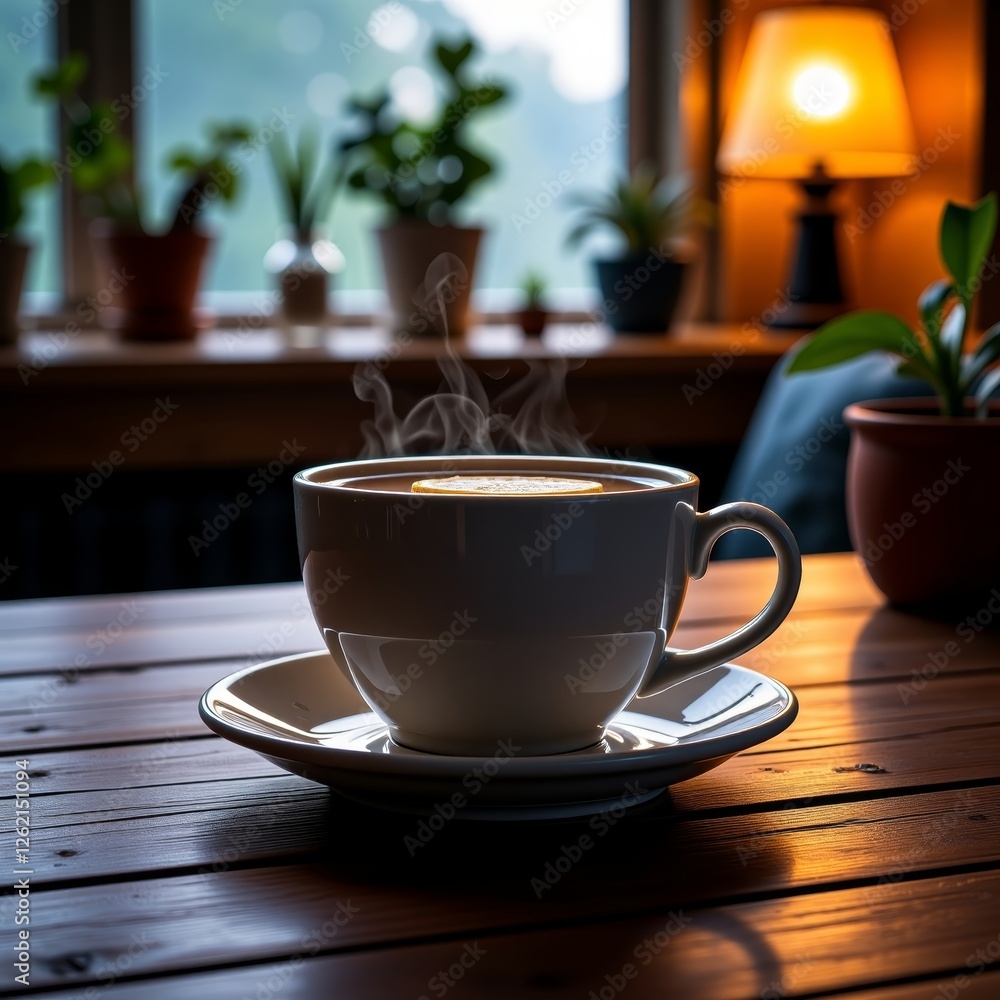 Obraz premium Steaming cup of tea with lemon slice on wooden table