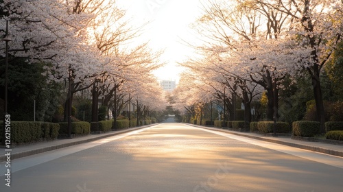 Cherry blossoms frame tranquil street, illuminated by soft sunse