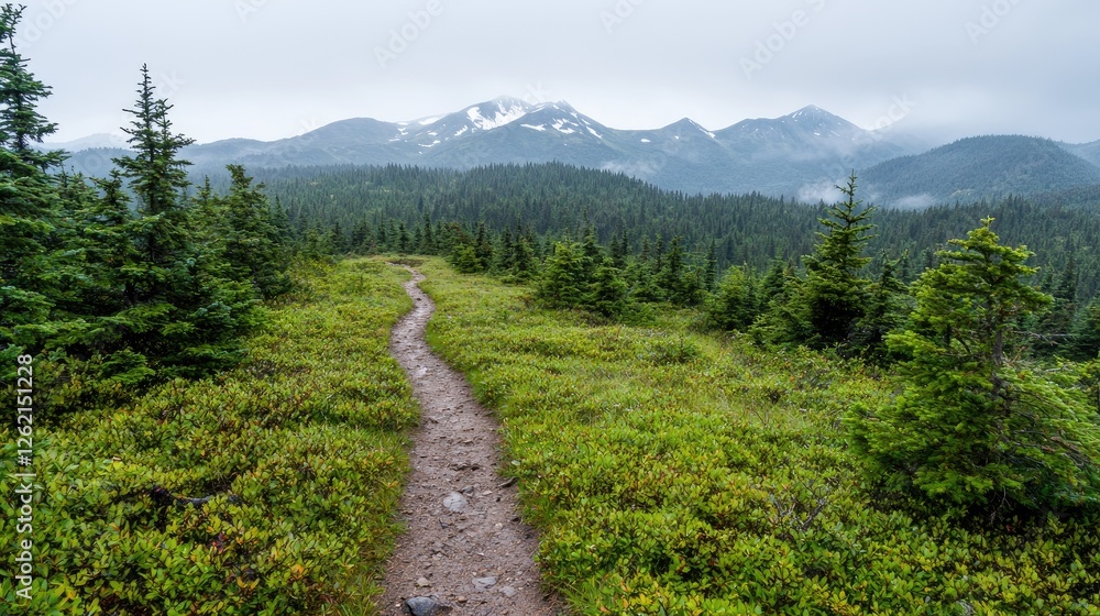 Mountain trail winding through lush greenery, snow-capped peaks in background; nature travel Mountain trail winding through lush greenery, snow-capped peaks in background; nature travel