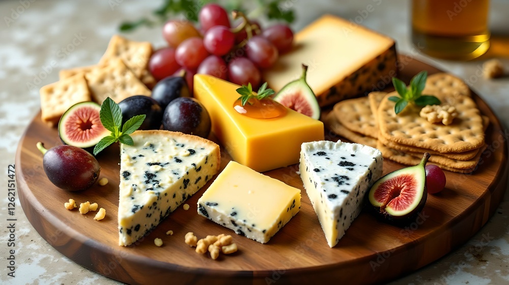 A variety of cheeses and fruits arranged on a wooden platter A variety of cheeses and fruits arranged on a wooden platter