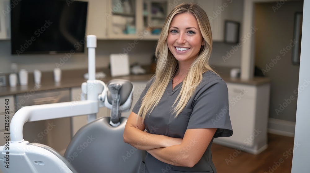 Obraz premium A dentist standing in front of a dental chair with a confident smile,