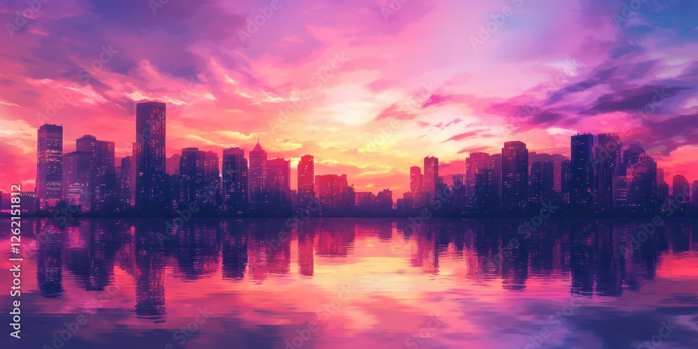 Fototapeta premium Vibrant cityscape reflects beautifully in calm water at sunset