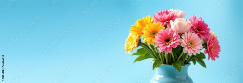 Colorful gerbera flowers in blue vase on sky blue background with copy space Colorful gerbera flowers in blue vase on sky blue background with copy space