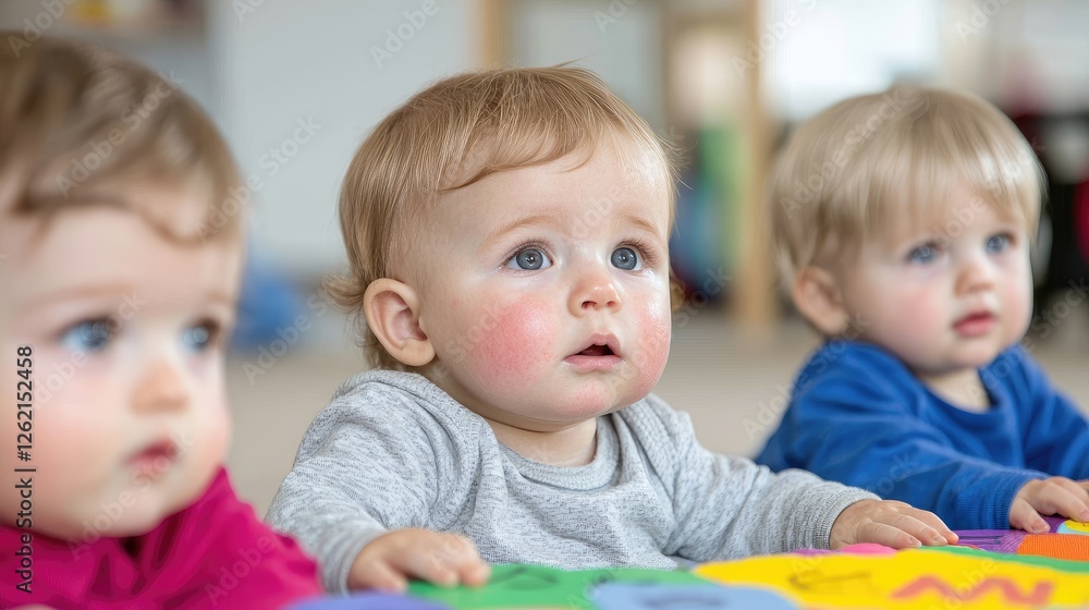 Babies learning and playing on colorful mat. Potential use Educational materials, childcare Babies learning and playing on colorful mat. Potential use Educational materials, childcare