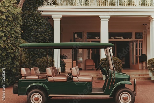 Elegant golf cart parked near luxurious villa, showcasing cozy l