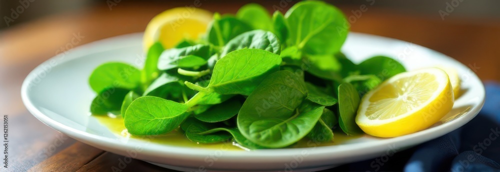 Obraz premium Fresh spinach salad with lemon slices on plate