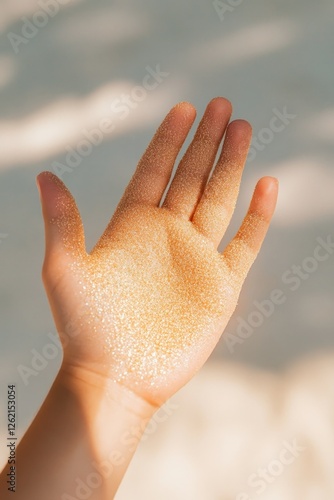 Open hand with golden sand showcases texture and warmth of summe photo