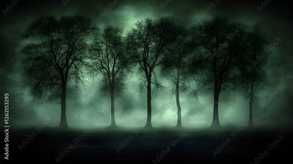 Mysterious silhouettes of leafless trees stand in a dense, eerie green fog at night. A haunting and atmospheric scene perfect for gothic or fantasy themes. Mysterious silhouettes of leafless trees stand in a dense, eerie green fog at night. A haunting and atmospheric scene perfect for gothic or fantasy themes.