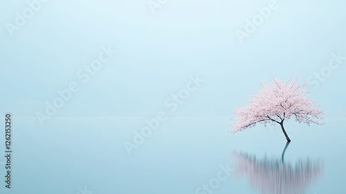 Delicate pink tree stands alone in serene water, creating tranqu photo