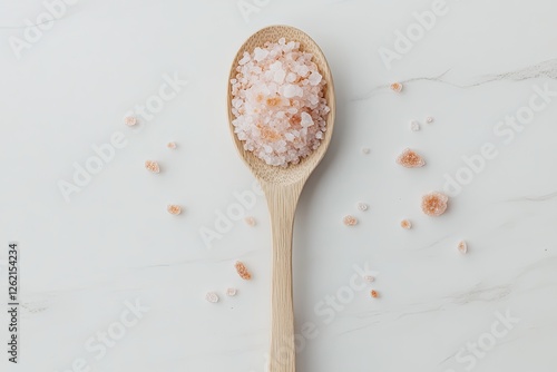 Natural pink salt in wooden spoon on marble background, scattere photo