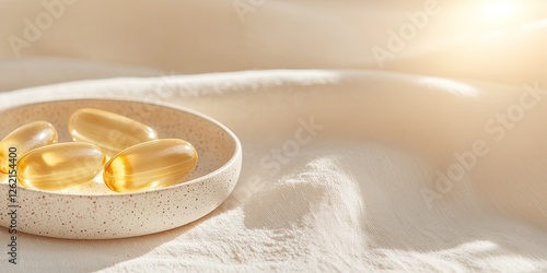 Golden capsules elegantly arranged in minimalist bowl, warm sunl photo