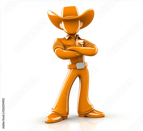 Cowboy character in vibrant orange outfit standing confidently with crossed arms in a bright environment photo