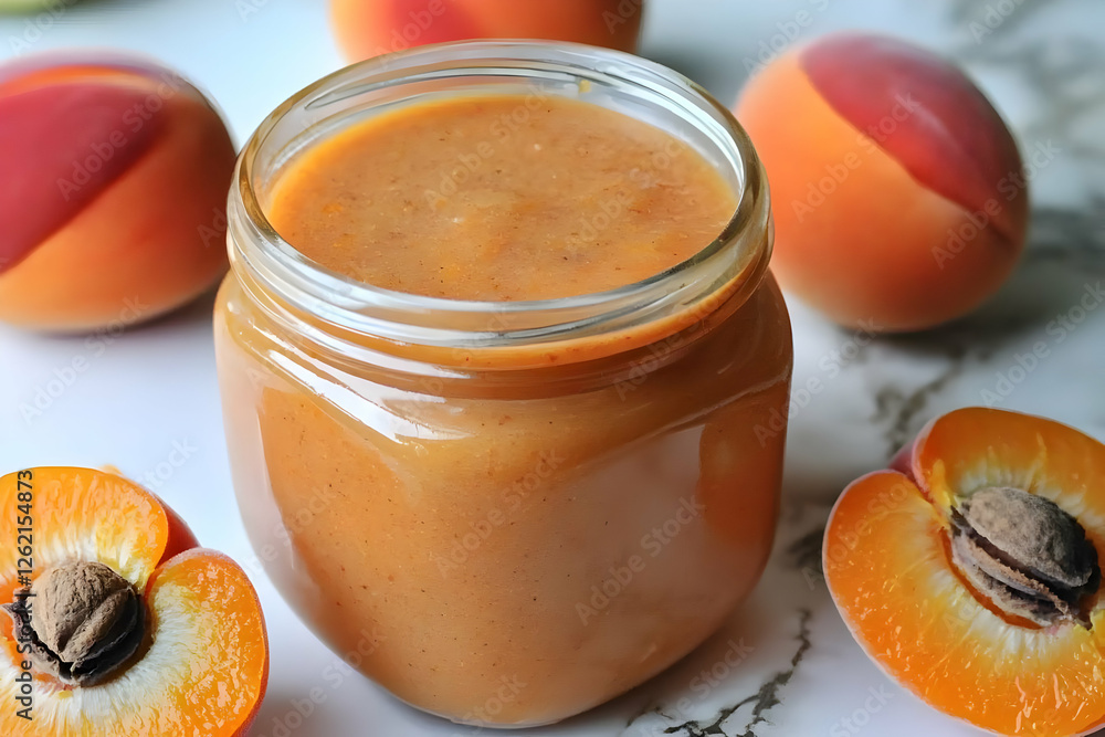 Homemade apricot jam in a jar, fruit slices Homemade apricot jam in a jar, fruit slices