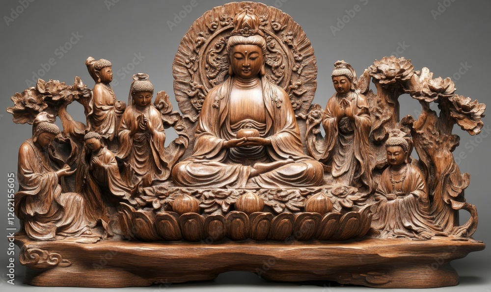 carved wood sculpture Guanyin in a scene of healing and nurturing, embodying the essence of compassion and mercy, Generative AI carved wood sculpture Guanyin in a scene of healing and nurturing, embodying the essence of compassion and mercy, Generative AI