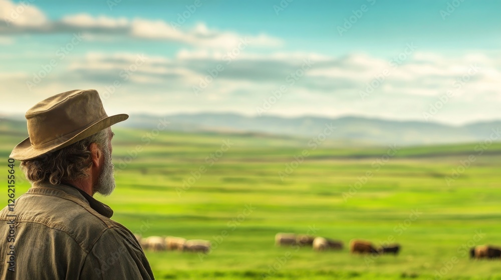 Man gazes over lush green pastures, contemplating life and natur Man gazes over lush green pastures, contemplating life and natur