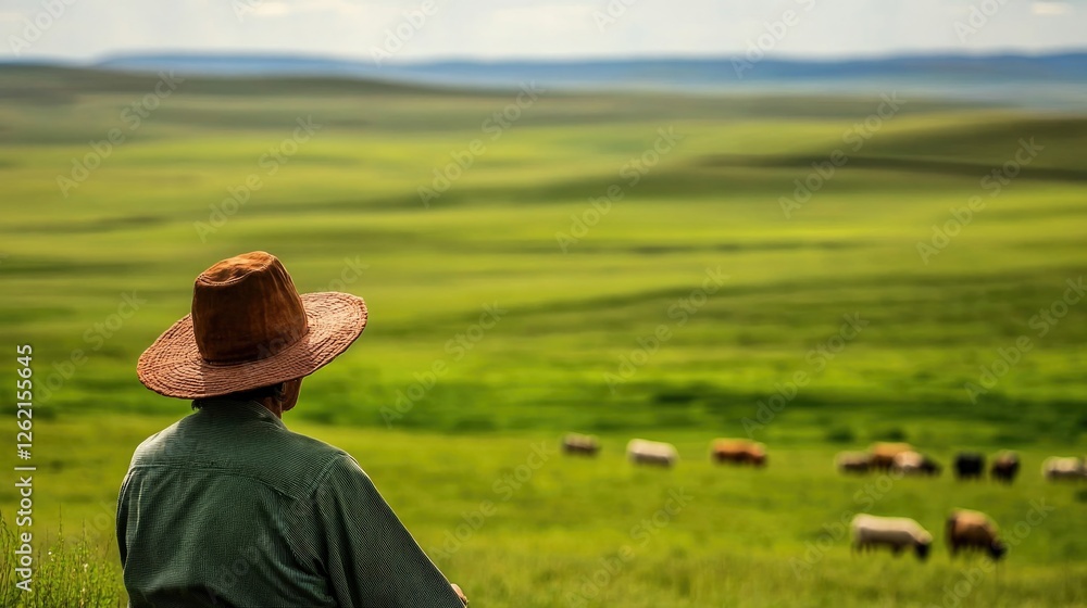 Vast green landscape stretches endlessly, showcasing lone figure Vast green landscape stretches endlessly, showcasing lone figure