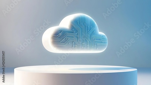 Glowing semi-transparent cloud with embedded digital circuit patterns, hovering above a clean white surface, light blue gradient background symbolizing cloud technology  
