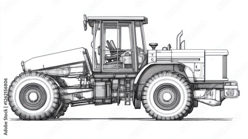 Detailed Line Drawing of an Agricultural Tractor for Design Projects Detailed Line Drawing of an Agricultural Tractor for Design Projects