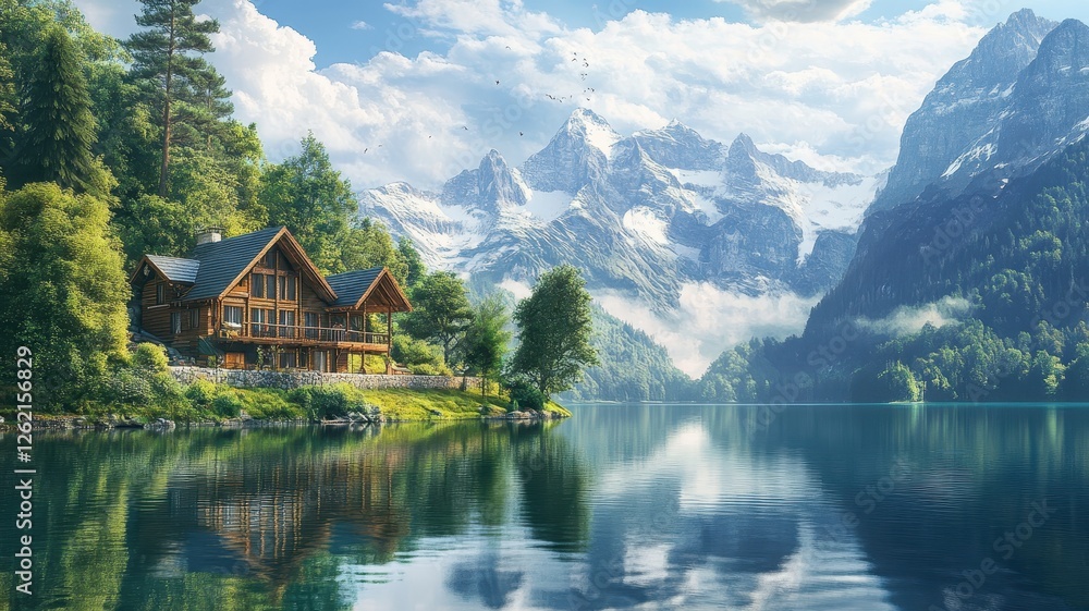 Fototapeta premium Mountain cabin retreat by serene alpine lake