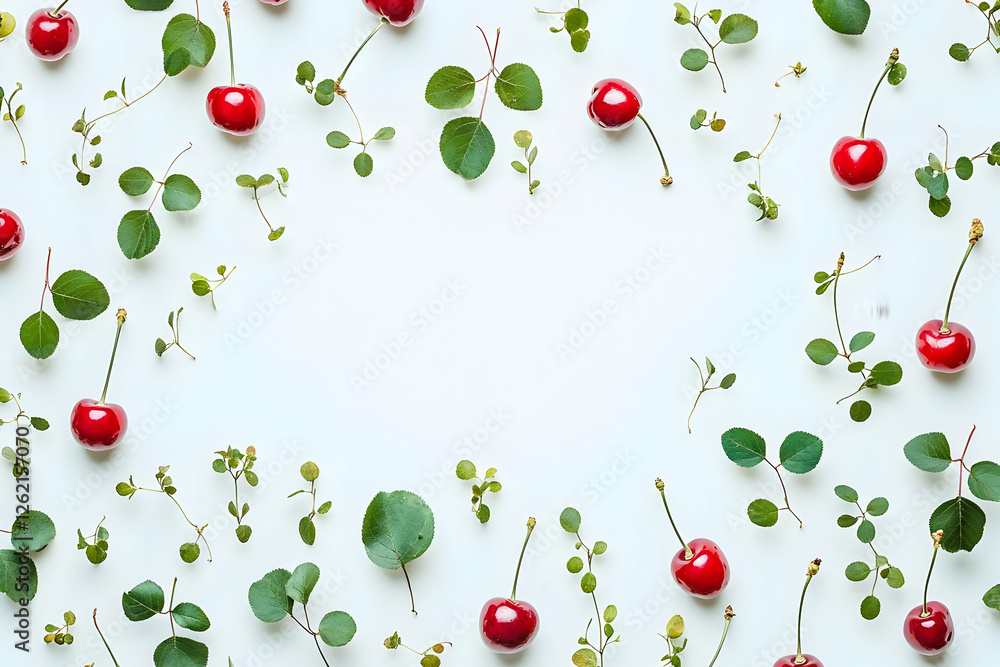 Cherries and leaves frame, white background, food blog Cherries and leaves frame, white background, food blog