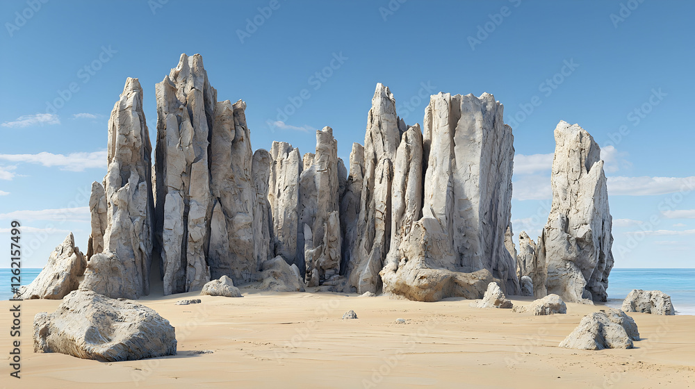 Fototapeta premium Coastal rock formations, sunny beach, clear sky, travel poster