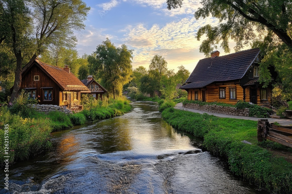 Tranquil river flows past charming simple houses under a beautiful sky at sunset, river flow and simple houses Tranquil river flows past charming simple houses under a beautiful sky at sunset, river flow and simple houses