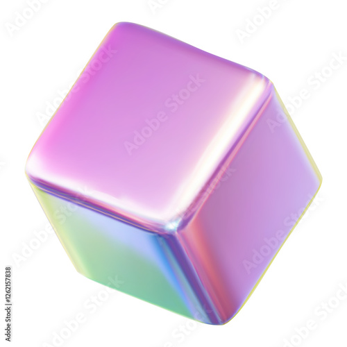 Neon cube isolated on transparent background. 3d iridescent cube with rainbow effect.