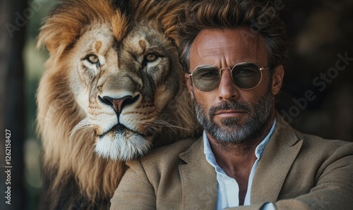Alpha male concept man with a lion, Generative AI