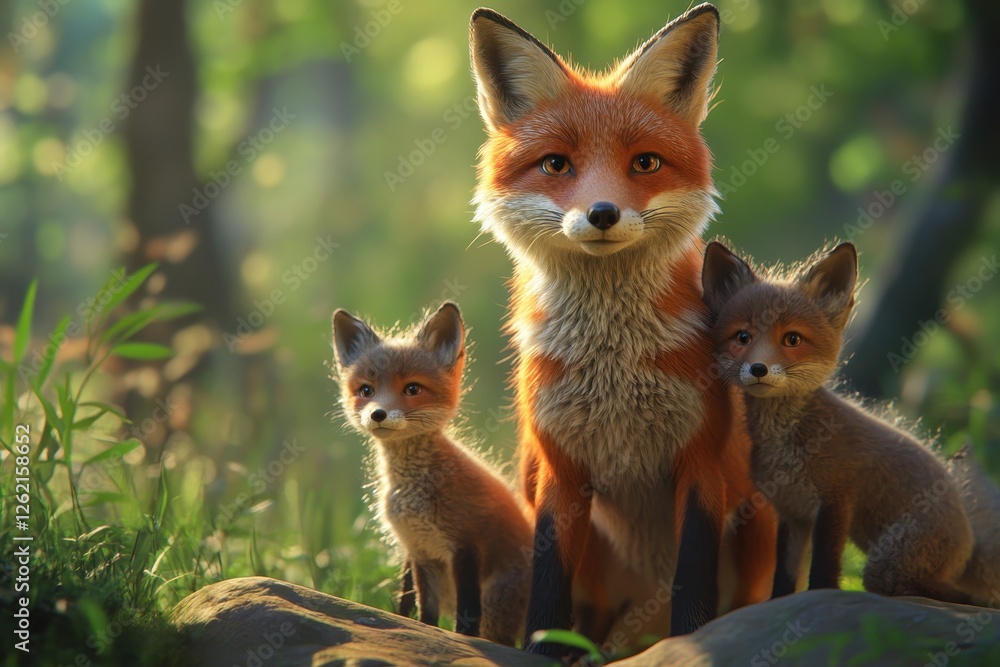 Red fox and her adorable cubs resting in the wild of Slovenia during a sunny afternoon, Red fox Vulpes vulpes in the wild Fox with cubs Slow motion Red fox and her adorable cubs resting in the wild of Slovenia during a sunny afternoon, Red fox Vulpes vulpes in the wild Fox with cubs Slow motion