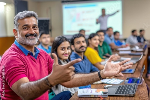 Indian professor, explaining a concept to university students in a lecture hall, gesturing towards a large projector screen