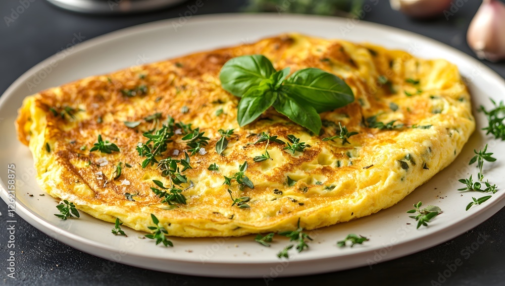 Hearty herb omelet on plate, dark background, garlic, herbs Hearty herb omelet on plate, dark background, garlic, herbs