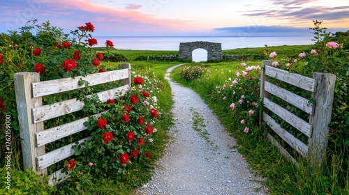 Fototapeta Naklejka Na Ścianę i Meble -  Rose Garden Path Leads To Stone Archway By Ocean