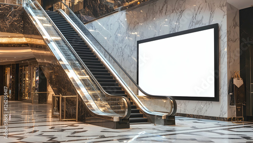 Blank advertising screen mockup embedded in a modern escalator at a mall.