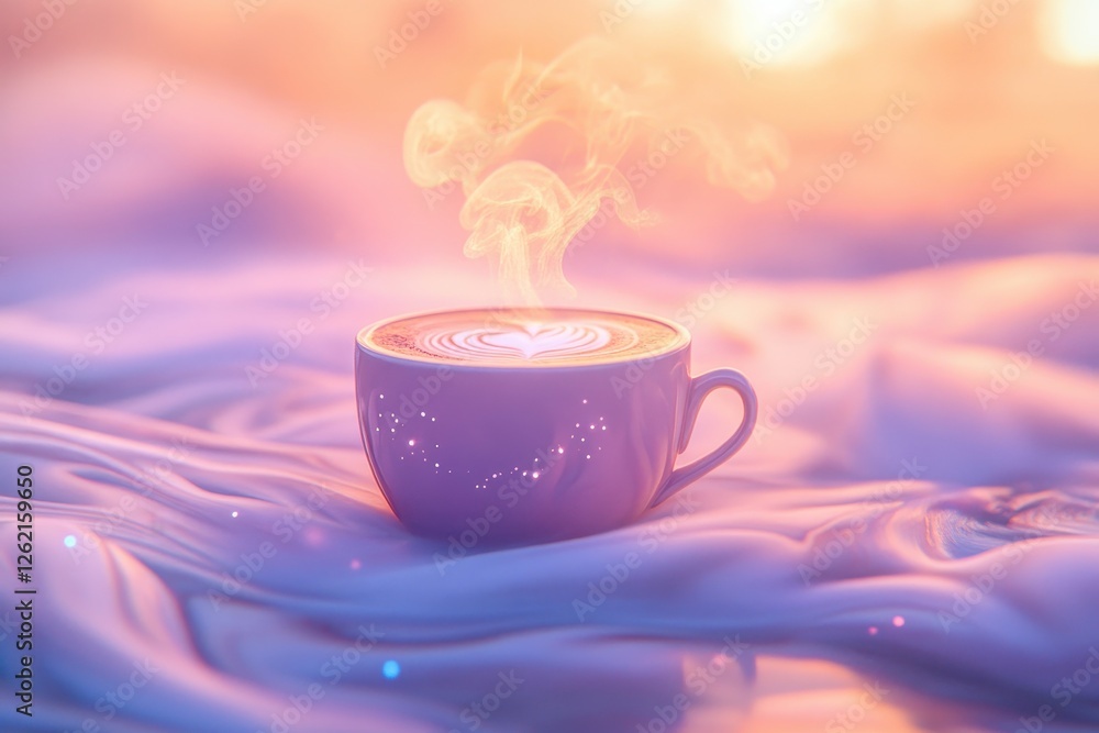 Fototapeta premium Magical sunrise with a steaming cup of coffee on a dreamy cloud-like surface