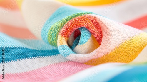 Intricate striped fabric displays a mix of colors and textures beautifully.