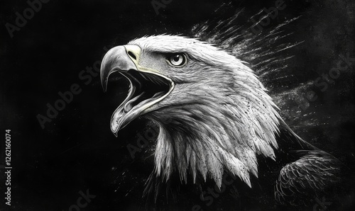 Majestic bald eagle portrait with open beak against a dark background, showcasing the fierce beauty and strength of this iconic bird of prey, Generative AI