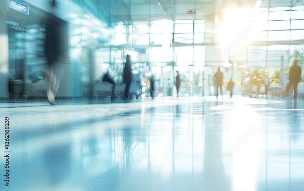 Busy airport terminal, passengers walking, sunlit windows, travel background