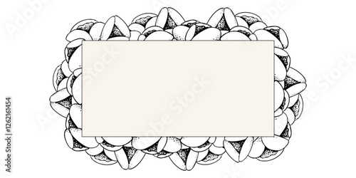 Horizontal Purim cookies vector banner frame illustration in line style for coloring and labels. Traditional Jewish triangle pastry Oznei Haman or Hamantaschen for black and white holiday designs