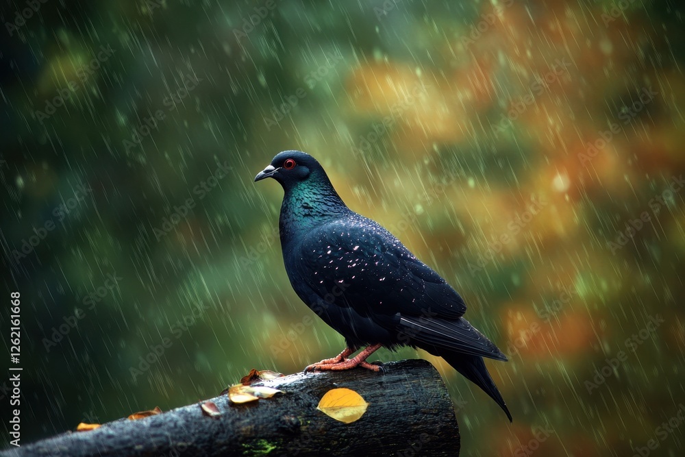 Fototapeta premium Black dove with metallic sheen perched on a log in the rain during autumn, black dove with a metallic sheen on feathers sits in the rain