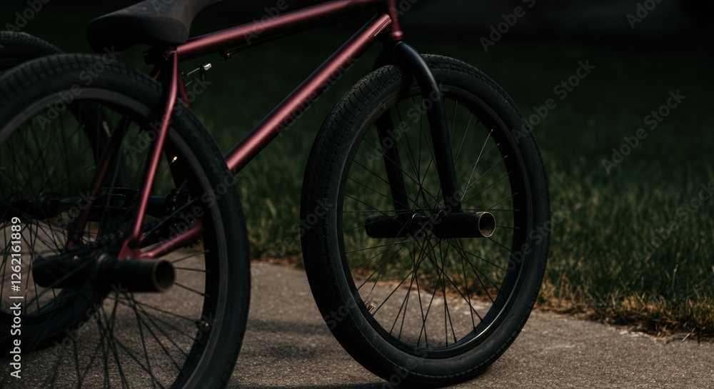 Close-up of a BMX bike wheel on a concrete path with grass nearby Close-up of a BMX bike wheel on a concrete path with grass nearby
