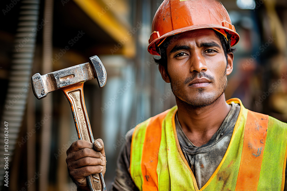 portrait of a construction worker, wearing a hard hat, vest and holding a tool. portrait of a construction worker, wearing a hard hat, vest and holding a tool.
