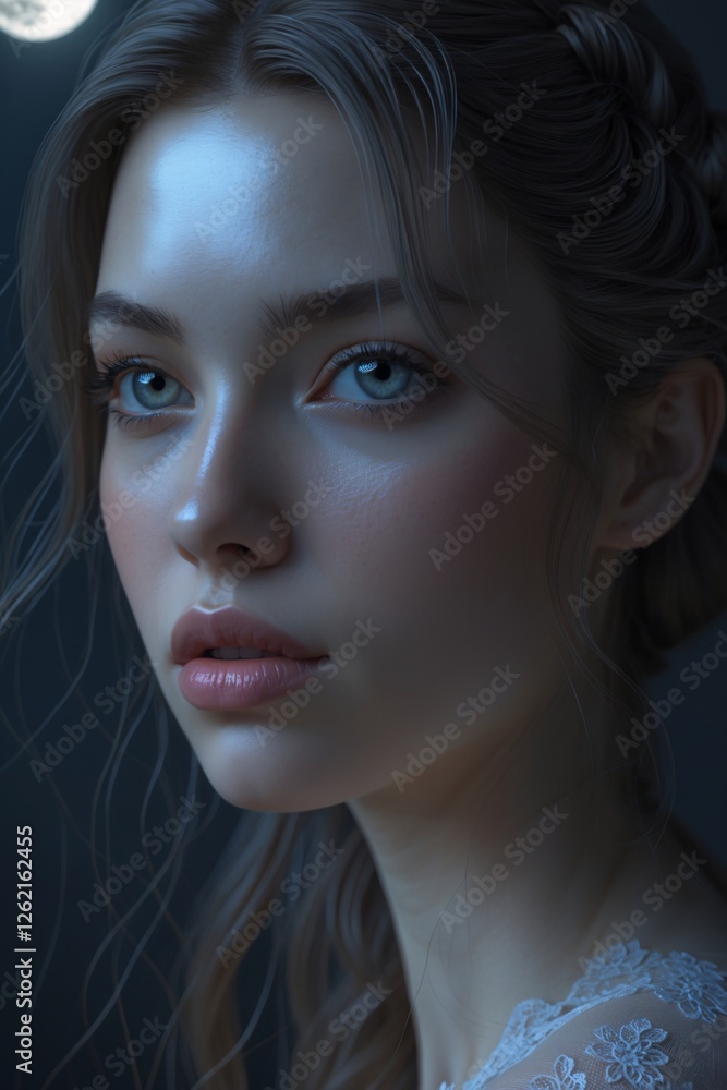 Naklejka premium Enchanting gaze under a moonlit sky as a serene beauty captivates with her luminous features and delicate expression in a tranquil, dreamy atmosphere