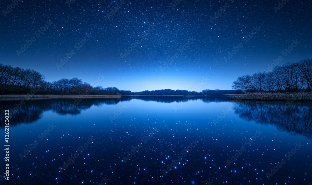 Starry Night Reflections on a Tranquil Lake with Gentle Ripples and Starlit Water, Peaceful Nature Scene under a Clear Sky, Dreamlike Night Landscape, Generative AI Starry Night Reflections on a Tranquil Lake with Gentle Ripples and Starlit Water, Peaceful Nature Scene under a Clear Sky, Dreamlike Night Landscape, Generative AI