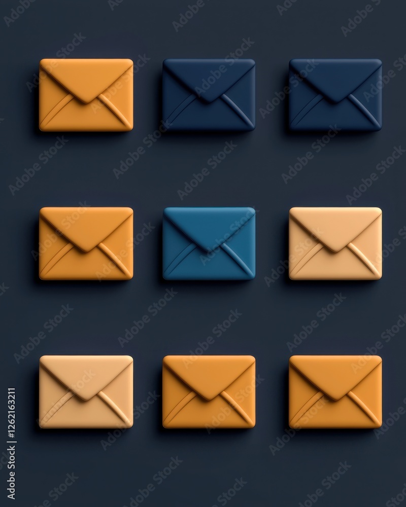 A flat lay of colorful envelope icons arranged in a grid pattern, showcasing various shades of blue, yellow, and orange against a dark background. A flat lay of colorful envelope icons arranged in a grid pattern, showcasing various shades of blue, yellow, and orange against a dark background.