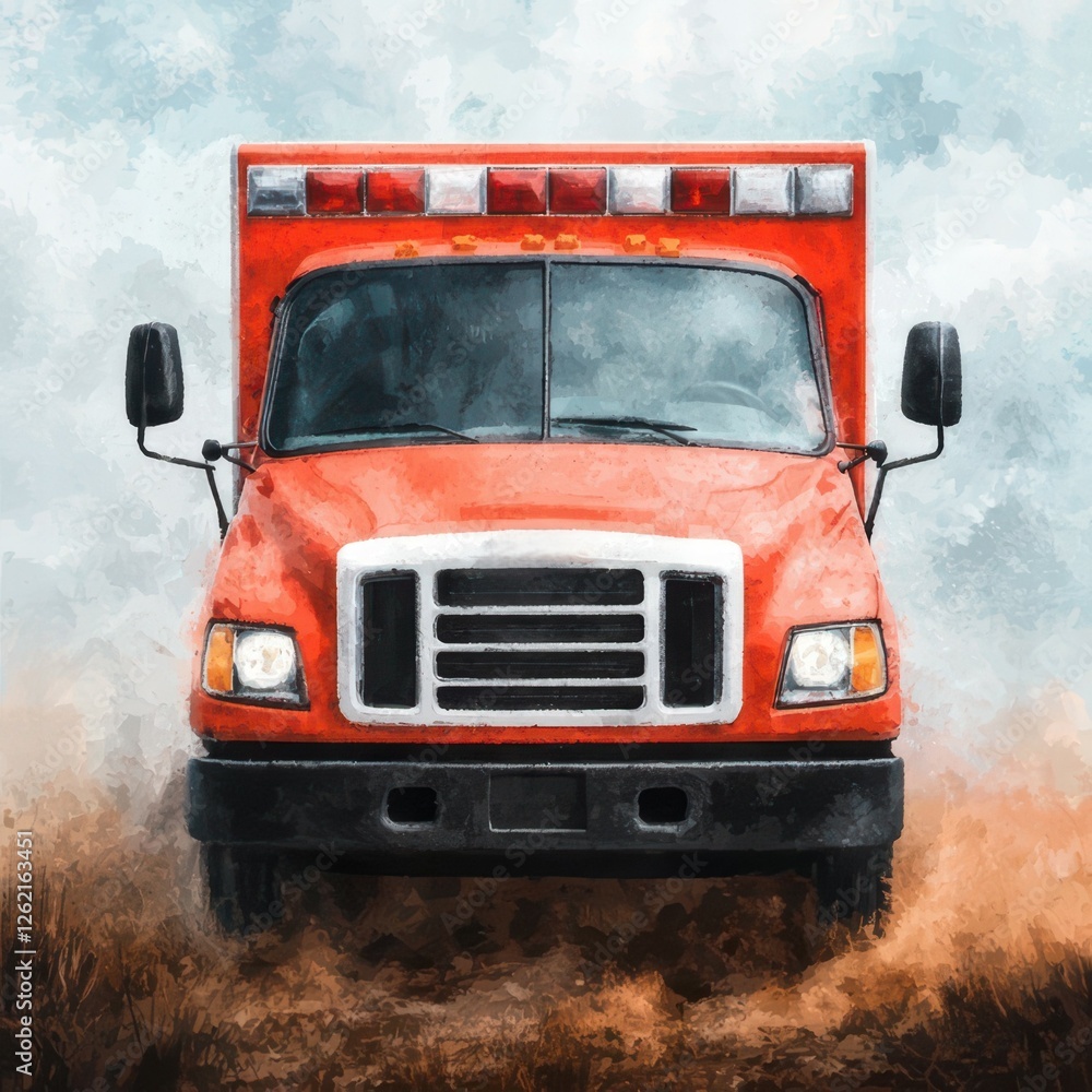 Obraz premium A vibrant red ambulance stands ready, its emergency lights flashing, set against a dramatic, cloudy background.