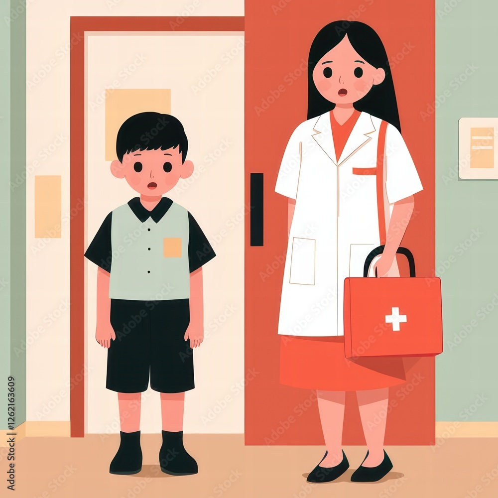 Obraz premium A young boy stands nervously in a hallway with a medical professional, who holds a doctor's bag, indicating a visit to a healthcare setting.