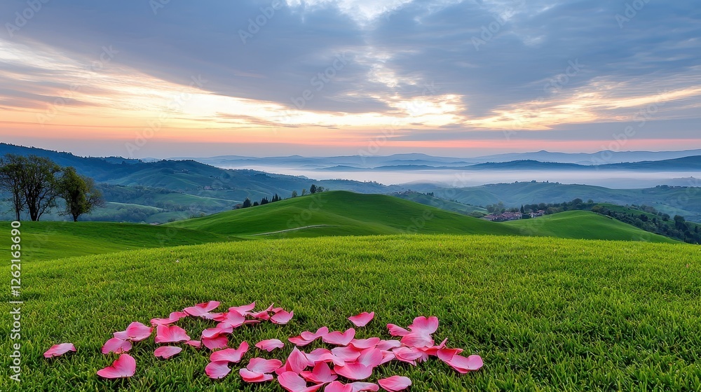 Fototapeta premium Rolling Hills Sunrise Landscape with Pink Petals
