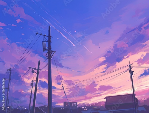 Sky with colorful clouds, power lines, city backdrop, possible art use