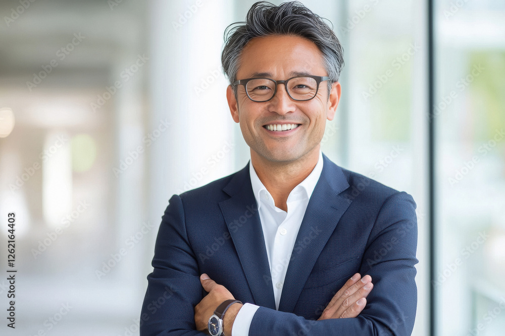 happy asian businessman standing at office happy asian businessman standing at office