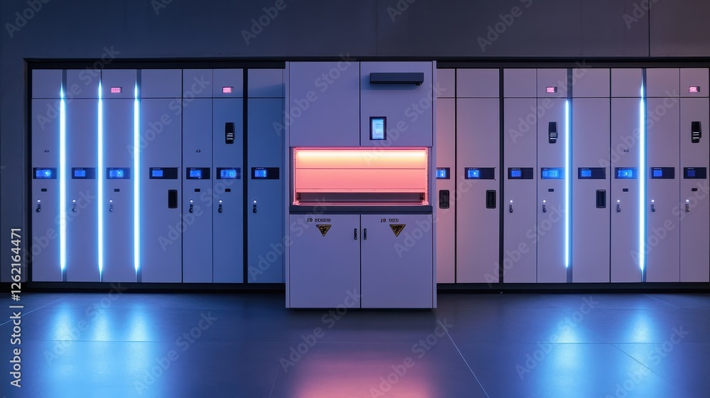 Modern Locker Room with Future Technology and Neon Lighting Effects Modern Locker Room with Future Technology and Neon Lighting Effects